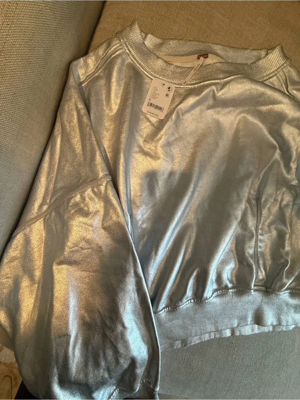 Free People Silver Metallic Oversized Pullover Sweatshirt (NWT)